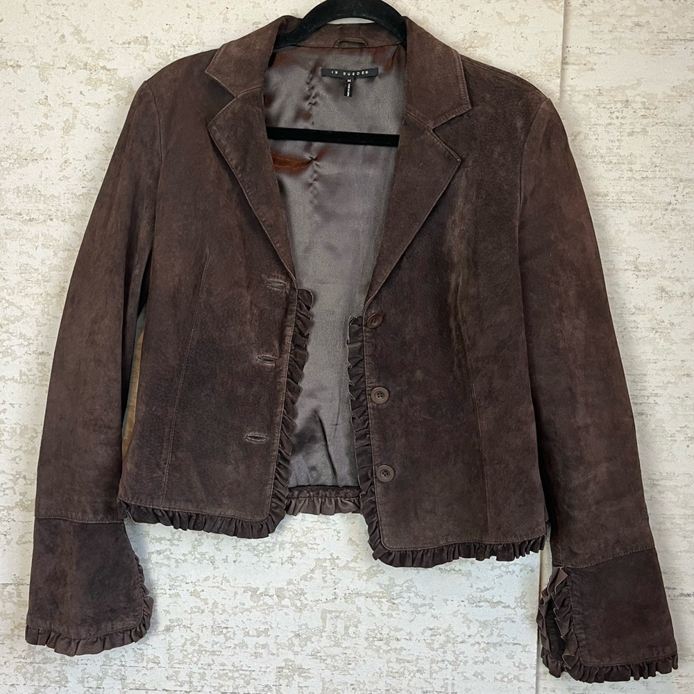 IN SUEDE Chocolate Brown Suede Jacket Coat Feminine Ruffle Trim Medium Leather